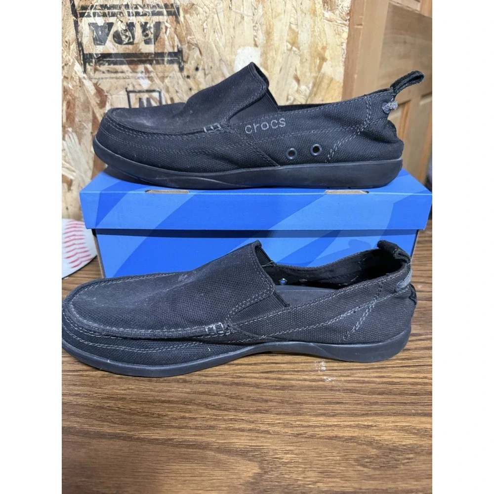 Crocs Walu 11270 Mens 11 Black Canvas Slip On Loafers Boat Shoes Comfort